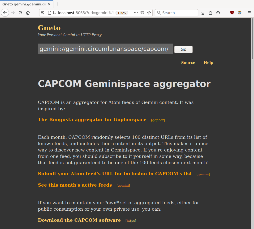 Screenshot of Gneto Gemini to HTTP proxy